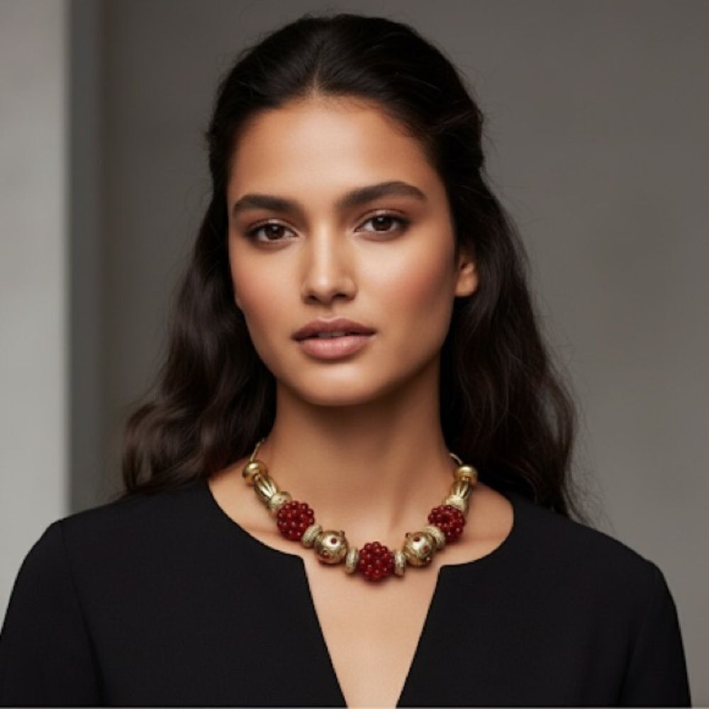 Zara Statement Red & Gold Beaded Necklace - Picture 9 of 12